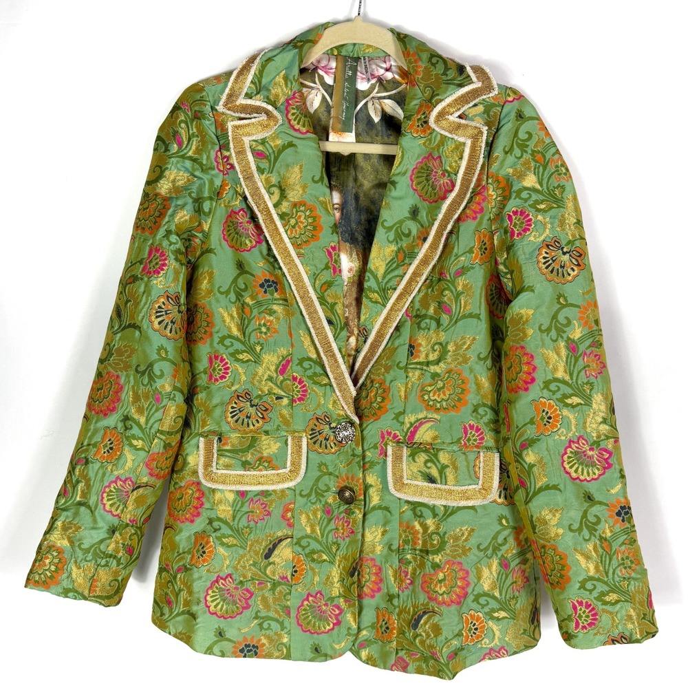 Aratta Silent journey Renaissance Silk Jacquard Blazer Jacket Green Floral Sz S - Picture 4 of 11